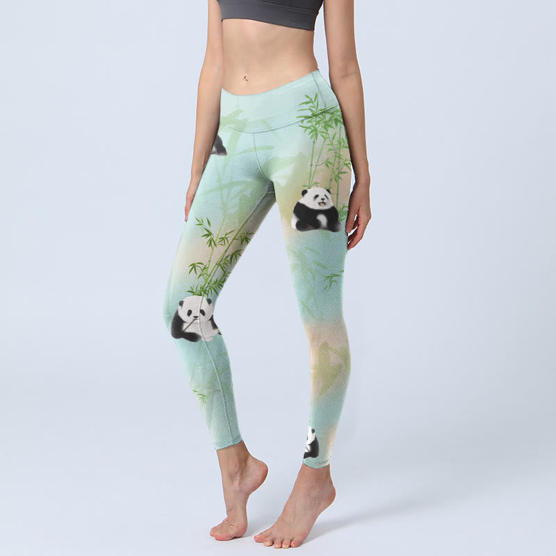Buddha Stones Pandas Bamboo Print Gym Leggings Women's Yoga Pants - Aquamarine - US18，UK/AU22，EU50 (4XL) - image 0