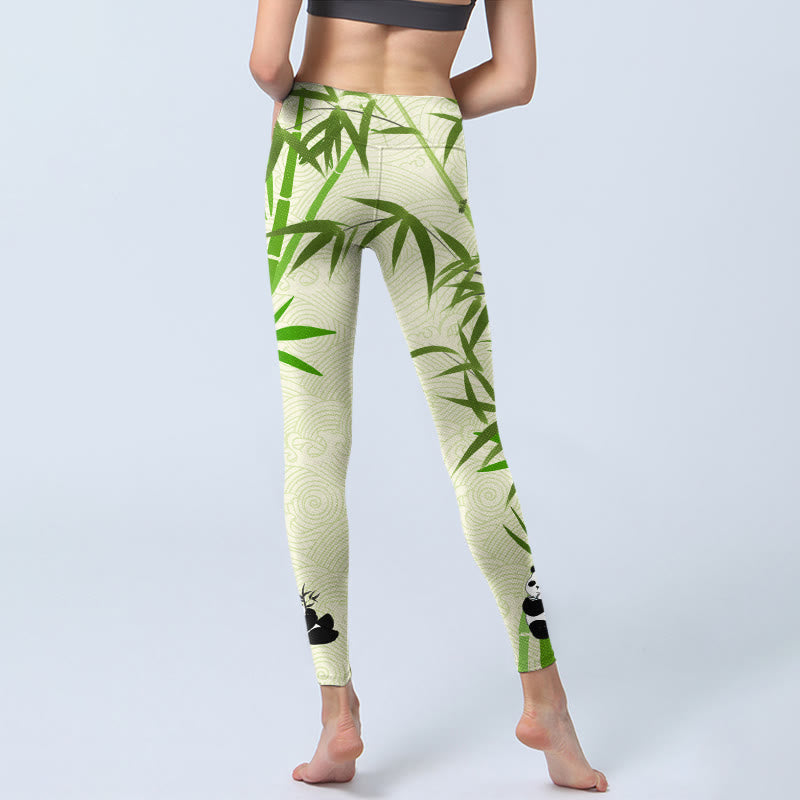 Buddha Stones Lush Bamboo Panda Auspicious Cloud Waves Print Gym Leggings Women's Yoga Pants