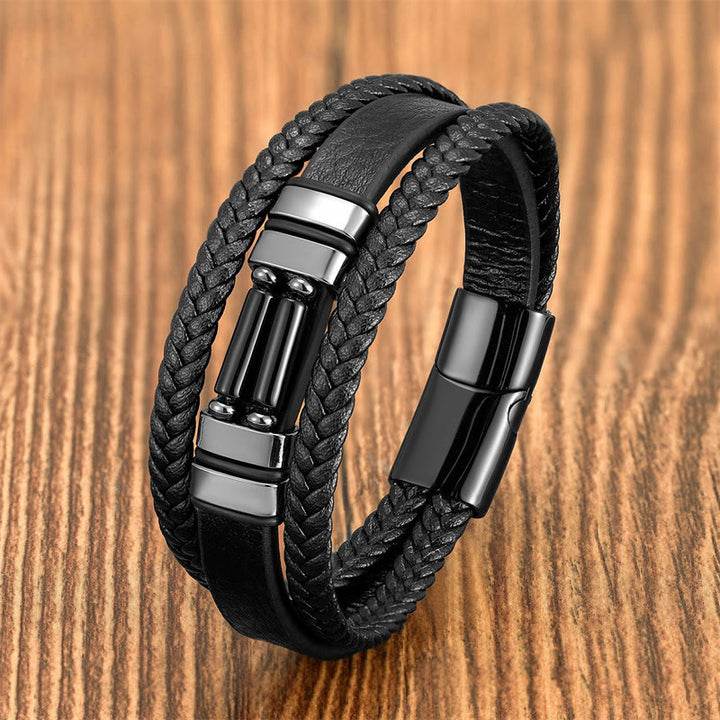 Buddha Stones Tiger Eye Lazurite Hematite Picture Jasper Black Onyx Strength Multi-layer Leather Bracelet - Black Onyx - 18-22cm - image 13