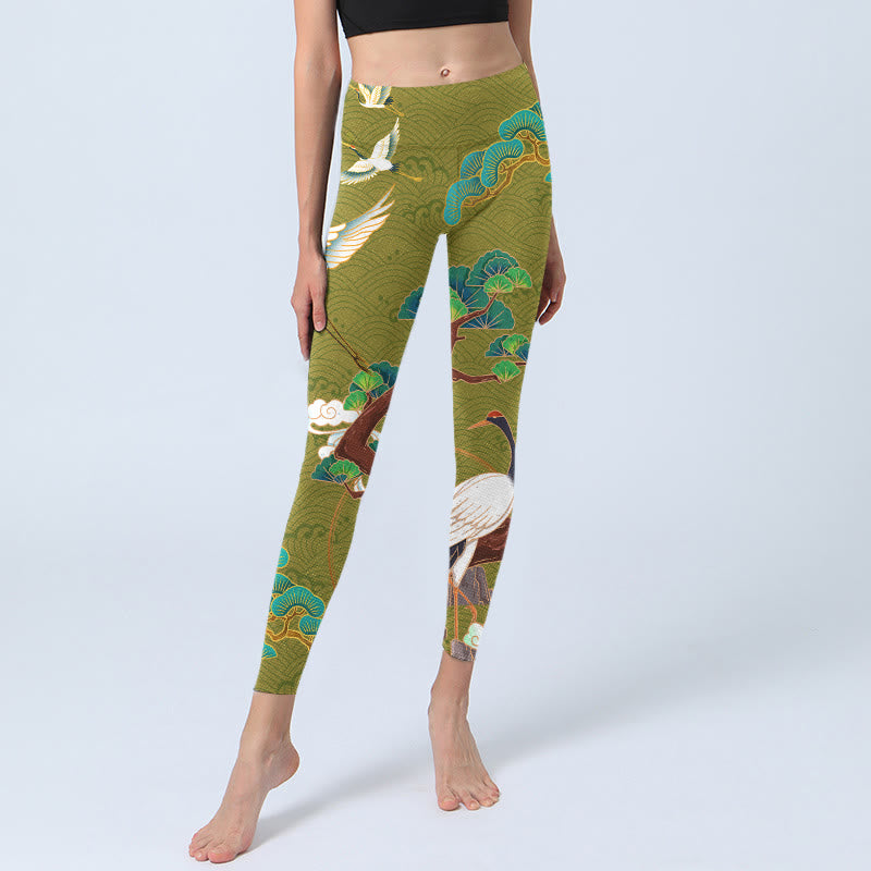 Buddha Stones Flying Cranes Auspicious Clouds Trees Print Gym Leggings Women's Yoga Pants