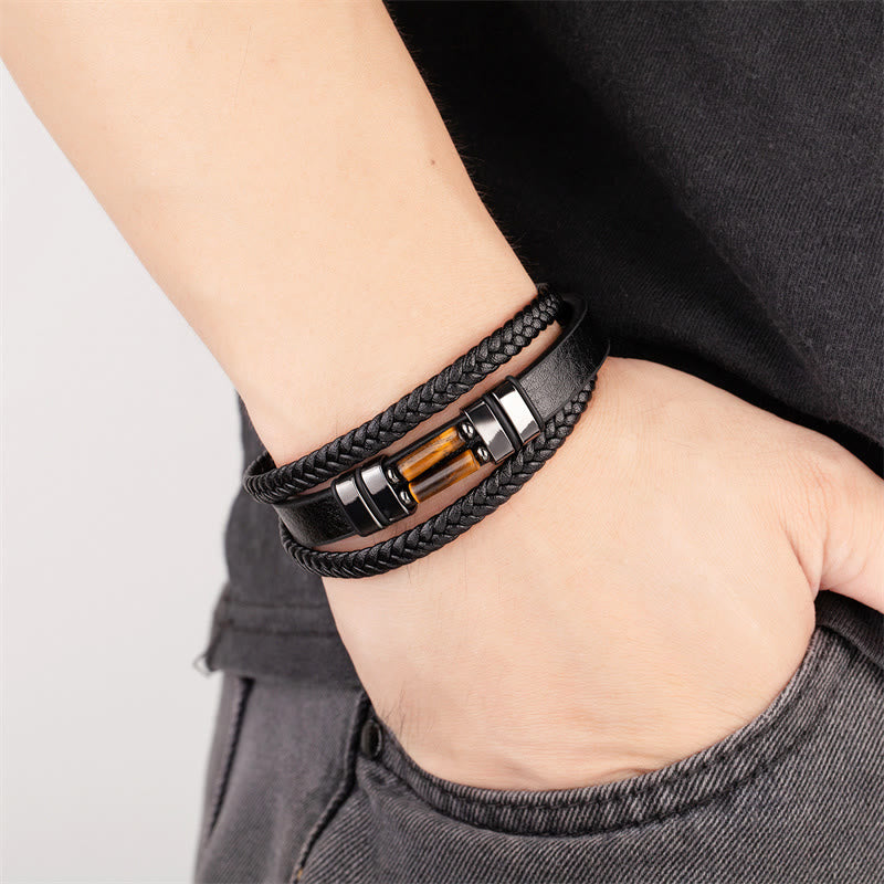 Buddha Stones Tiger Eye Lazurite Hematite Picture Jasper Black Onyx Strength Multi-layer Leather Bracelet - image 2
