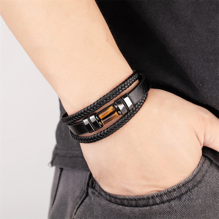 Buddha Stones Tiger Eye Lazurite Hematite Picture Jasper Black Onyx Strength Multi-layer Leather Bracelet - image 2