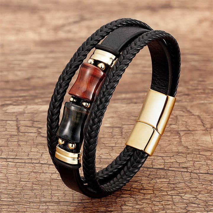 Buddha Stones Tiger Eye Bamboo Stone Integrity Courage Multi-layer Leather Bracelet