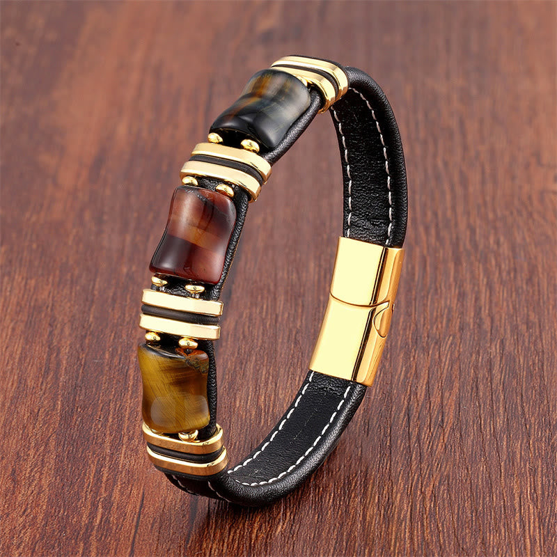 Buddha Stones Tiger Eye Three Bamboo Stone Protection Power Leather Bracelet