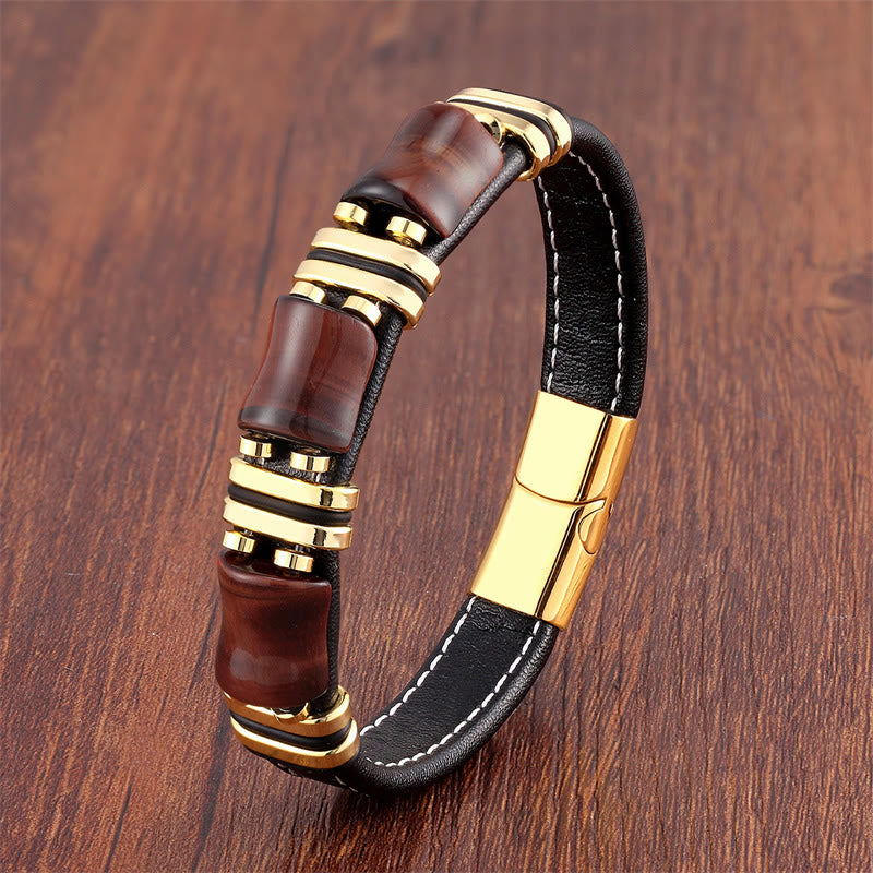 Buddha Stones Tiger Eye Three Bamboo Stone Protection Power Leather Bracelet - Brown-Red Tiger Eye-Gold - 18-22cm - image 10
