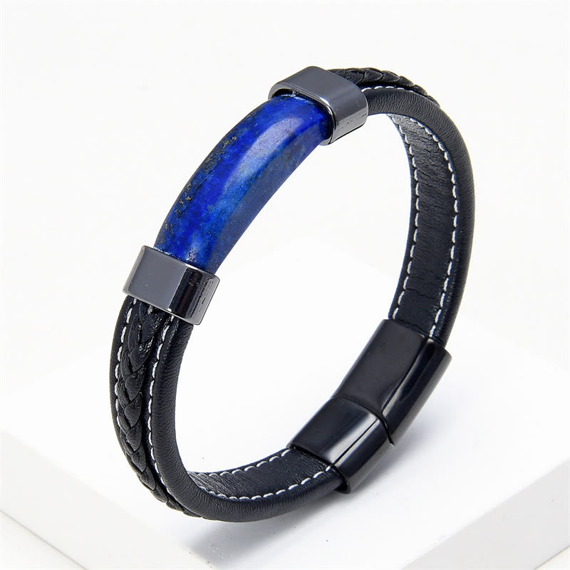 Buddha Stones Lazurite Tiger Eye Rhodonite Hematite Black Onyx Stone Balance Leather Bracelet - Lazurite - 18-22cm - image 1