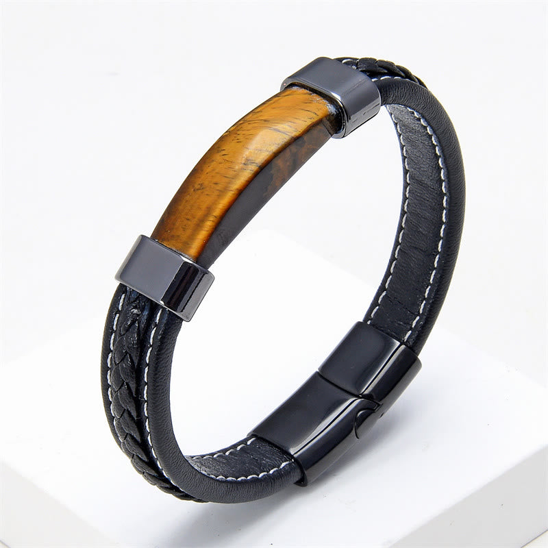Buddha Stones Lazurite Tiger Eye Rhodonite Hematite Black Onyx Stone Balance Leather Bracelet - Tiger Eye - 18-22cm - image 4