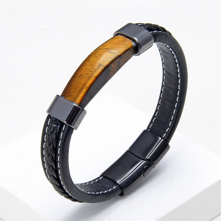 Buddha Stones Lazurite Tiger Eye Rhodonite Hematite Black Onyx Stone Balance Leather Bracelet - Tiger Eye - 18-22cm - image 4