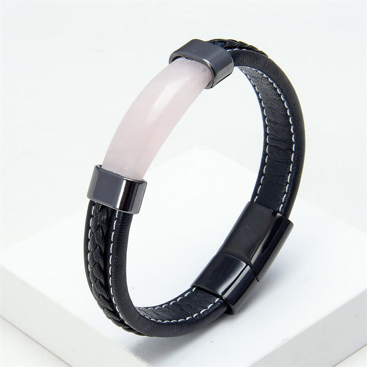 Buddha Stones Lazurite Tiger Eye Rhodonite Hematite Black Onyx Stone Balance Leather Bracelet - Rose Quartz - 18-22cm - image 8