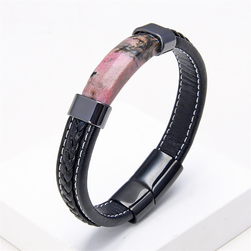 Buddha Stones Lazurite Tiger Eye Rhodonite Hematite Black Onyx Stone Balance Leather Bracelet - Rhodonite - 18-22cm - image 6