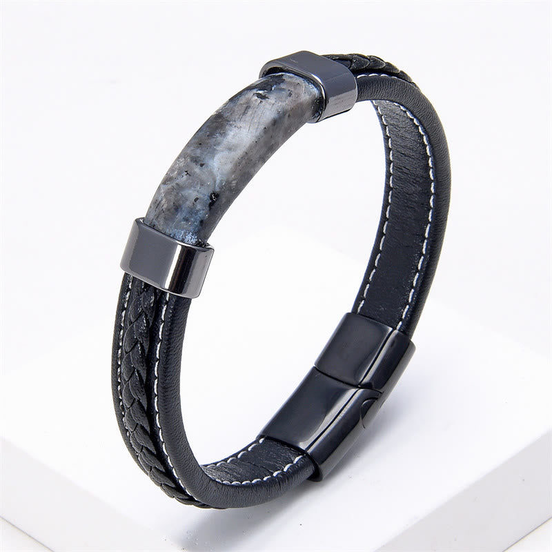Buddha Stones Lazurite Tiger Eye Rhodonite Hematite Black Onyx Stone Balance Leather Bracelet - Black Glitter Stone - 18-22cm - image 14