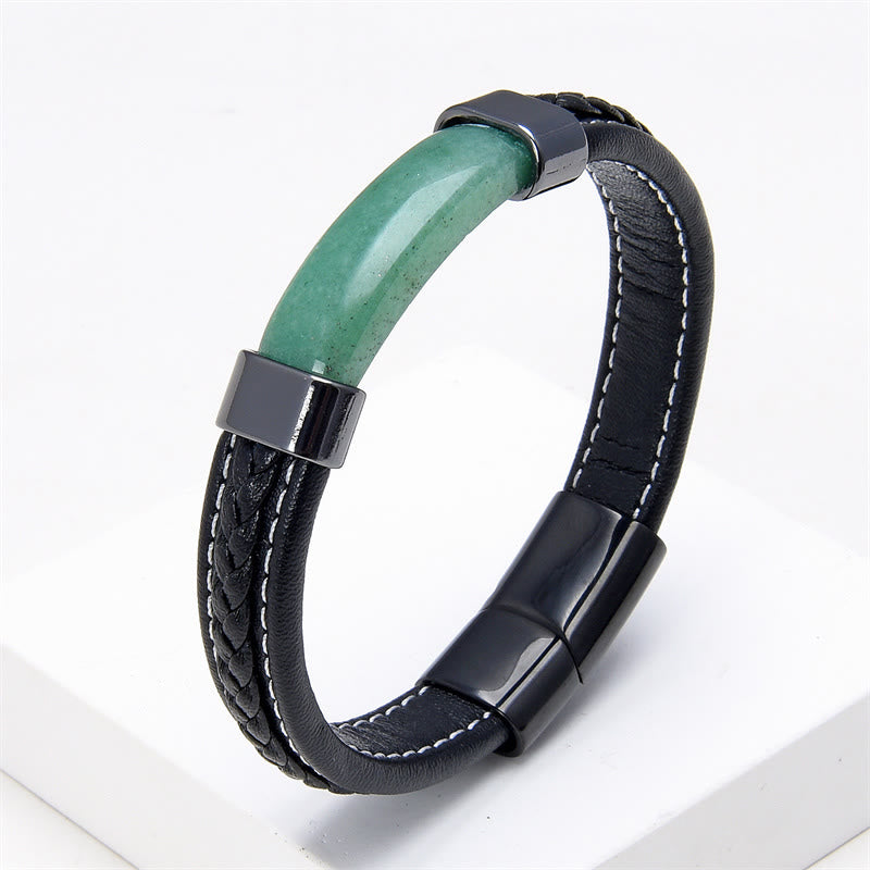 Buddha Stones Lazurite Tiger Eye Rhodonite Hematite Black Onyx Stone Balance Leather Bracelet - Green Aventurine - 18-22cm - image 10
