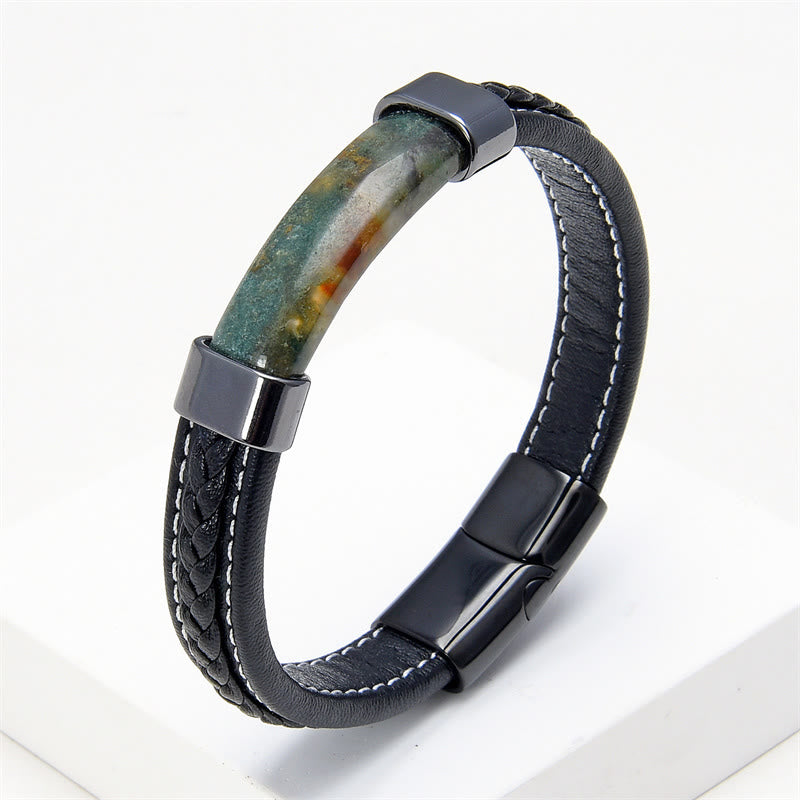 Buddha Stones Lazurite Tiger Eye Rhodonite Hematite Black Onyx Stone Balance Leather Bracelet - Green Agate - 18-22cm - image 16