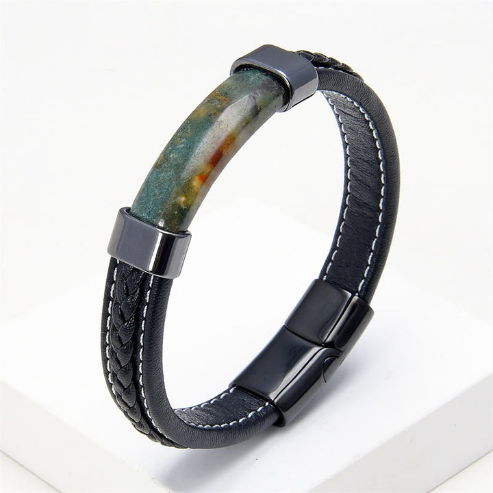 Buddha Stones Lazurite Tiger Eye Rhodonite Hematite Black Onyx Stone Balance Leather Bracelet - Green Agate - 18-22cm - image 16