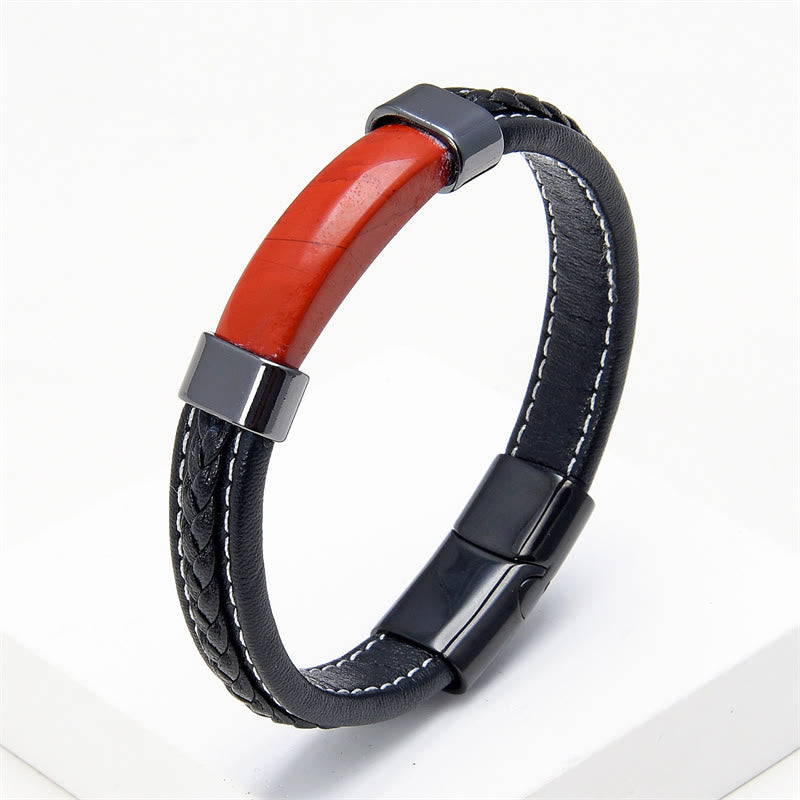 Buddha Stones Lazurite Tiger Eye Rhodonite Hematite Black Onyx Stone Balance Leather Bracelet - Red Jasper - 18-22cm - image 20