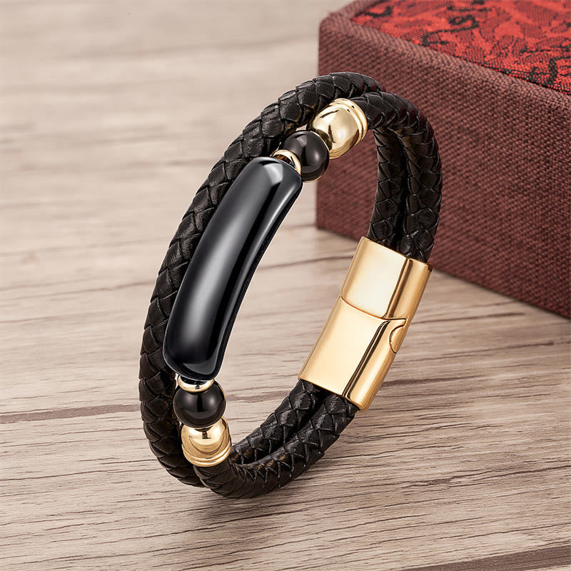 Buddha Stones Green Aventurine Tiger Eye Green Agate Black Onyx Hematite Stone Luck Leather Magnetic Buckle Bracelet - Gold - Black Onyx - 18-22cm - image 10