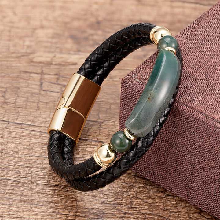 Buddha Stones Green Aventurine Tiger Eye Green Agate Black Onyx Hematite Stone Luck Leather Magnetic Buckle Bracelet