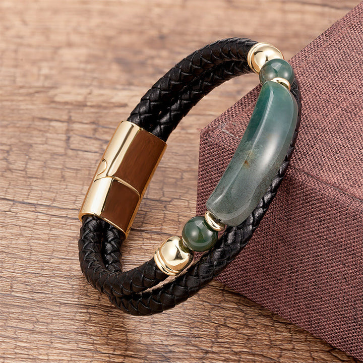 Buddha Stones Green Aventurine Tiger Eye Green Agate Black Onyx Hematite Stone Luck Leather Magnetic Buckle Bracelet - Gold - Green Agate - 18-22cm - image 14