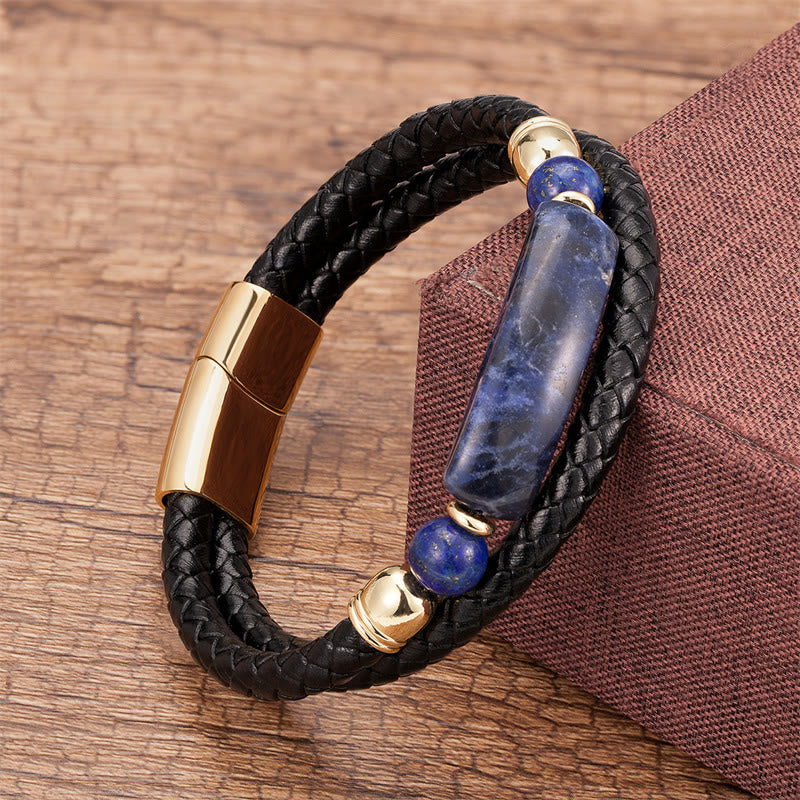 Buddha Stones Green Aventurine Tiger Eye Green Agate Black Onyx Hematite Stone Luck Leather Magnetic Buckle Bracelet - Gold - Lazurite - 18-22cm - image 21