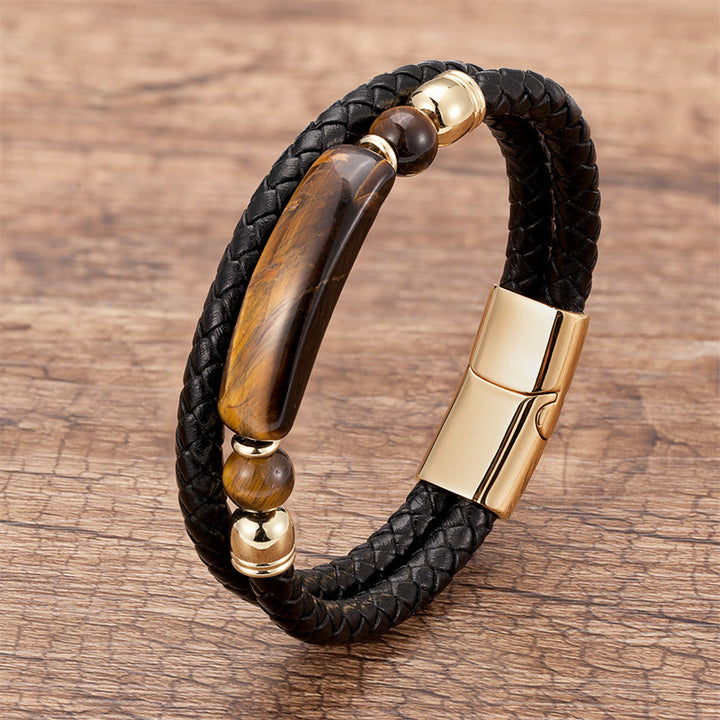 Buddha Stones Green Aventurine Tiger Eye Green Agate Black Onyx Hematite Stone Luck Leather Magnetic Buckle Bracelet - Gold - Tiger Eye - 18-22cm - image 5