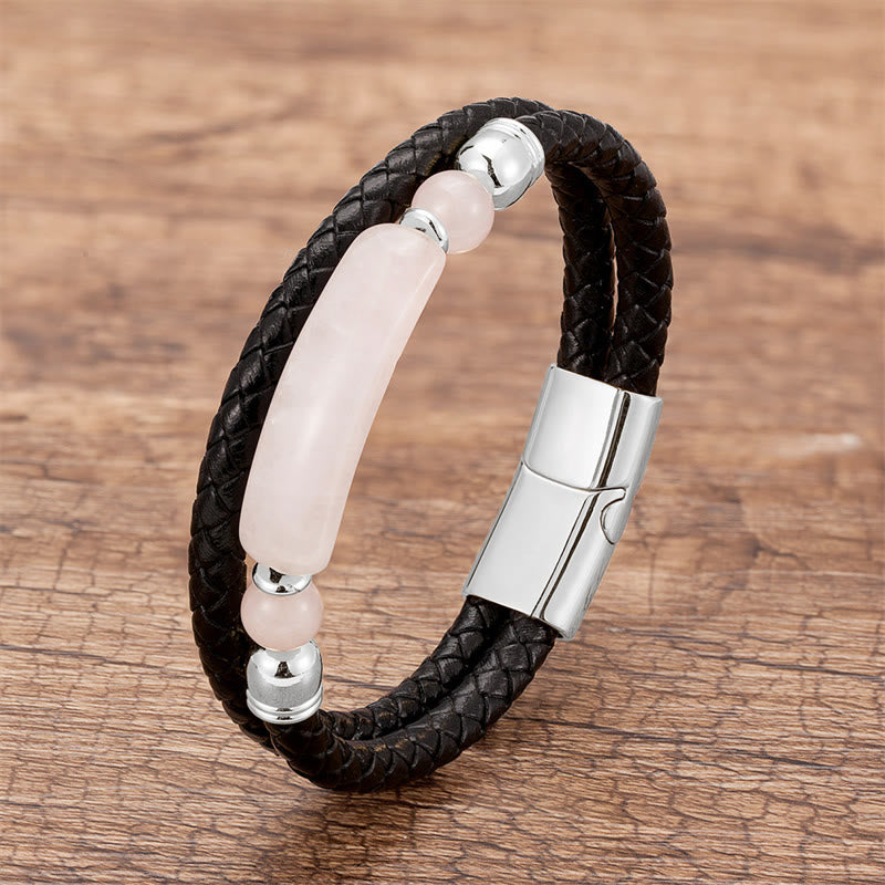 Buddha Stones Green Aventurine Tiger Eye Green Agate Black Onyx Hematite Stone Luck Leather Magnetic Buckle Bracelet - Silver - Rose Quartz - 18-22cm - image 25
