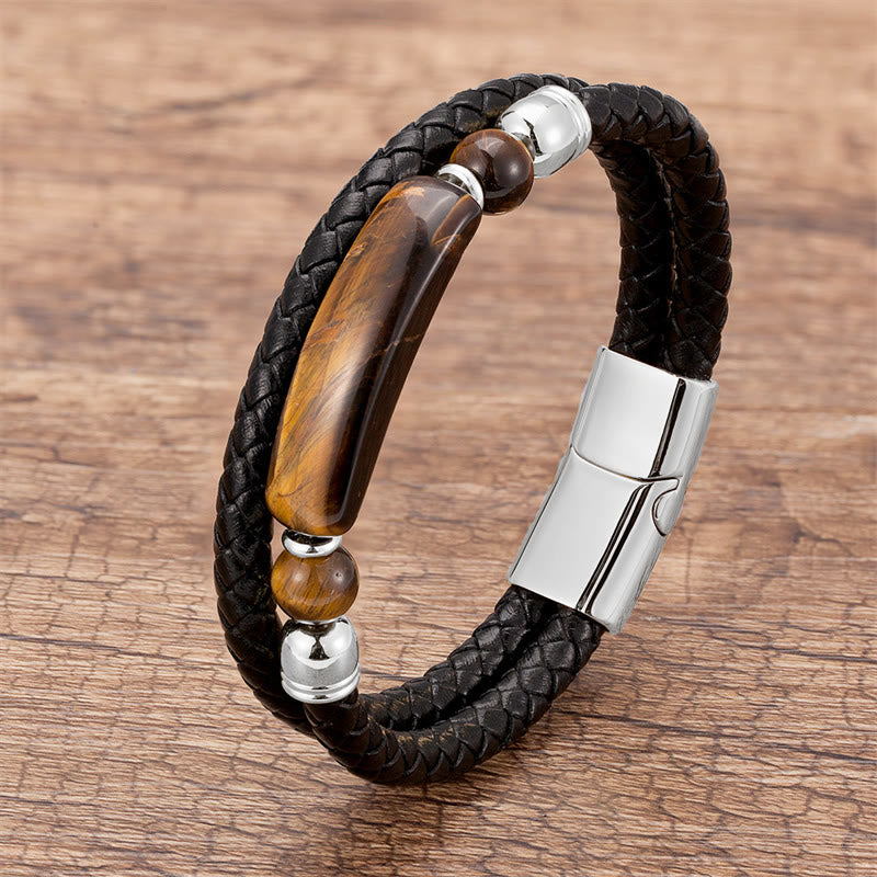 Buddha Stones Green Aventurine Tiger Eye Green Agate Black Onyx Hematite Stone Luck Leather Magnetic Buckle Bracelet - Silver - Tiger Eye - 18-22cm - image 5
