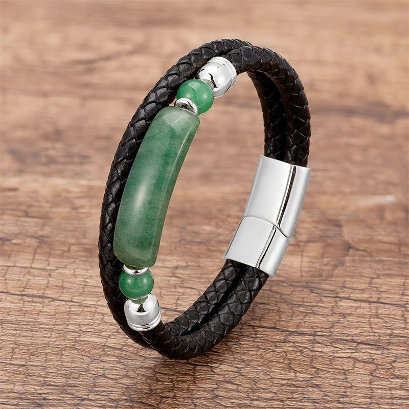 Buddha Stones Green Aventurine Tiger Eye Green Agate Black Onyx Hematite Stone Luck Leather Magnetic Buckle Bracelet - Silver - Green Aventurine - 18-22cm - image 2