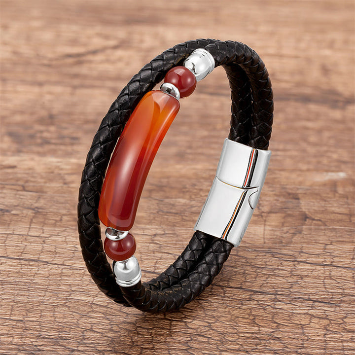 Buddha Stones Green Aventurine Tiger Eye Green Agate Black Onyx Hematite Stone Luck Leather Magnetic Buckle Bracelet - Silver - Red Agate - 18-22cm - image 27
