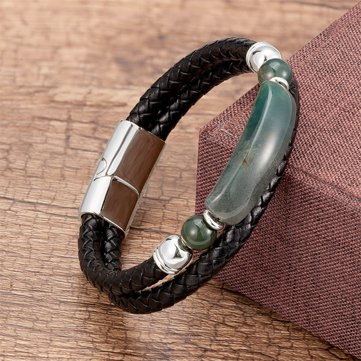 Buddha Stones Green Aventurine Tiger Eye Green Agate Black Onyx Hematite Stone Luck Leather Magnetic Buckle Bracelet