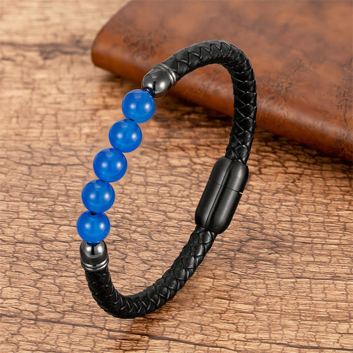 Buddha Stones Blue Agate Tiger Eye Lava Rock Black Onyx Lazurite Bead Protection Leather Bracelet