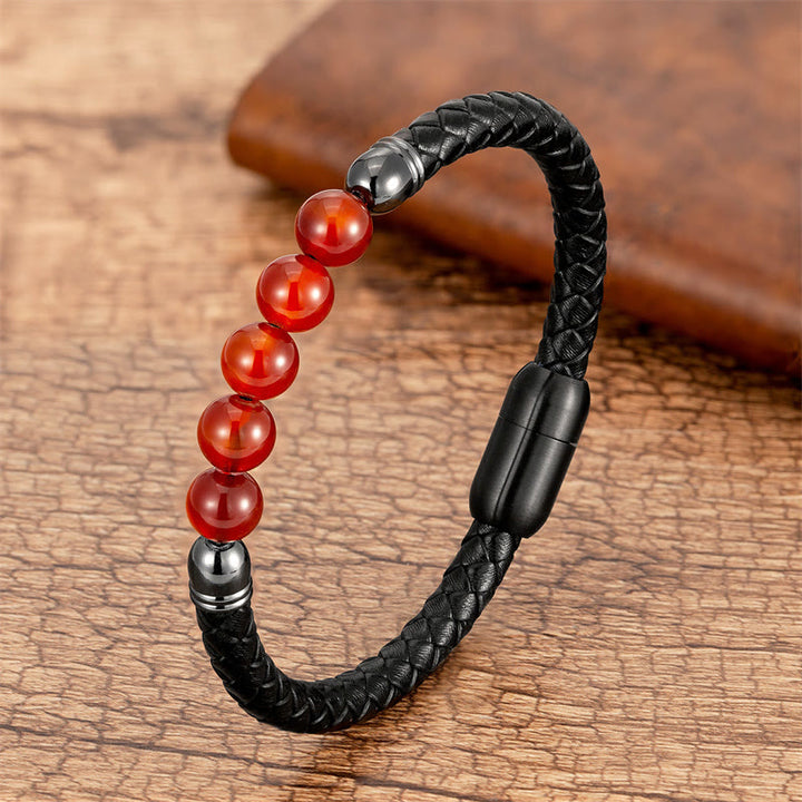 Buddha Stones Blue Agate Tiger Eye Lava Rock Black Onyx Lazurite Bead Protection Leather Bracelet