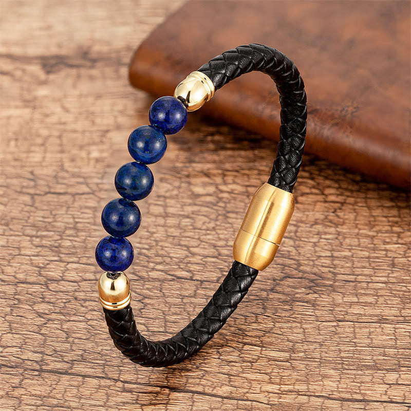 Buddha Stones Blue Agate Tiger Eye Lava Rock Black Onyx Lazurite Lapis Lazuli Bead Protection Leather Bracelet - Lazurite - 18-22cm - image 19