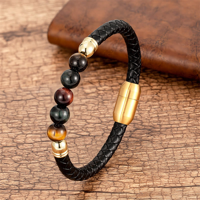 Buddha Stones Blue Agate Tiger Eye Lava Rock Black Onyx Lazurite Lapis Lazuli Bead Protection Leather Bracelet - Red Black Tiger Eye - 18-22cm - image 21