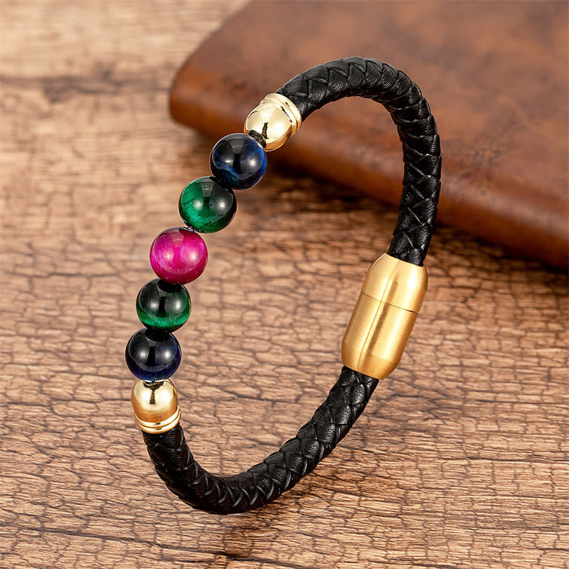 Buddha Stones Blue Agate Tiger Eye Lava Rock Black Onyx Lazurite Lapis Lazuli Bead Protection Leather Bracelet - Rose Red Green Blue Tiger Eye - 18-22cm - image 22