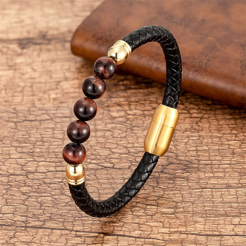 Buddha Stones Blue Agate Tiger Eye Lava Rock Black Onyx Lazurite Bead Protection Leather Bracelet