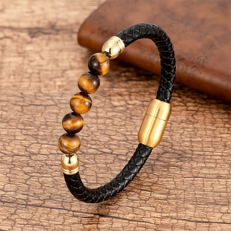 Buddha Stones Blue Agate Tiger Eye Lava Rock Black Onyx Lazurite Bead Protection Leather Bracelet