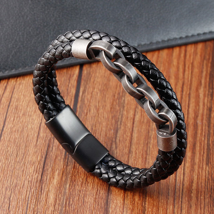 Buddha Stones Chain Design Titanium Steel Balance Leather Braided Buckle Bracelet