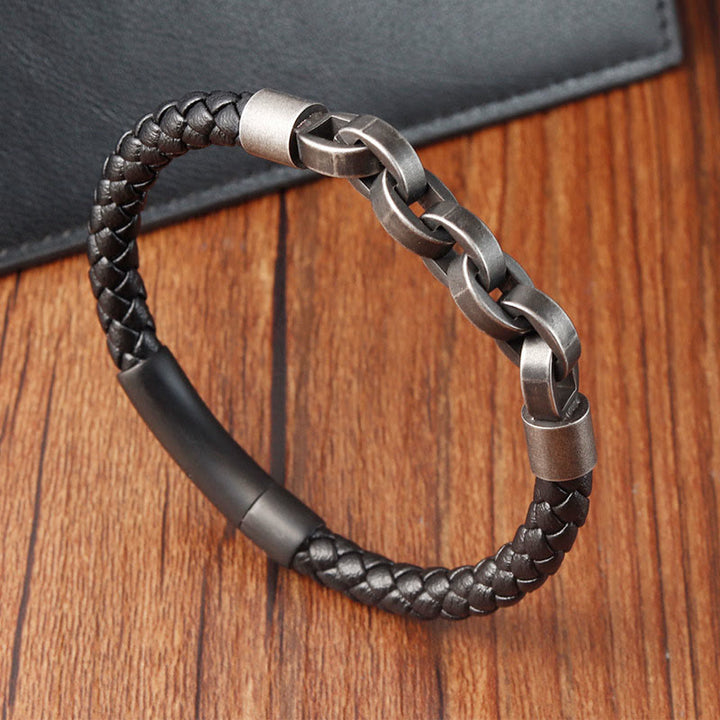 Buddha Stones Chain Design Titanium Steel Balance Leather Braided Buckle Bracelet - Single Layer(Wrist Circumference 17-19cm) - image 8