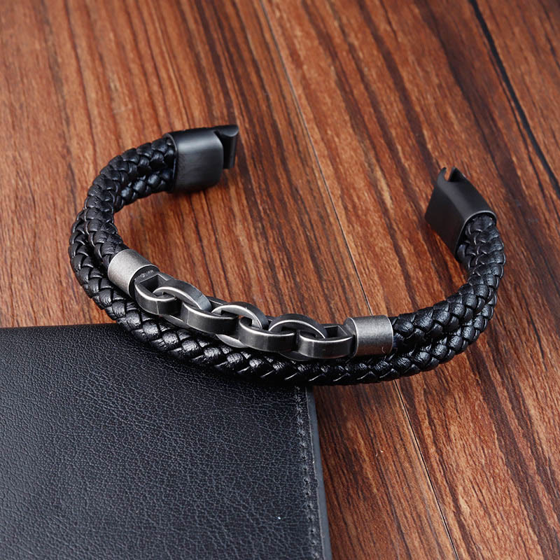 Buddha Stones Chain Design Titanium Steel Balance Leather Braided Buckle Bracelet