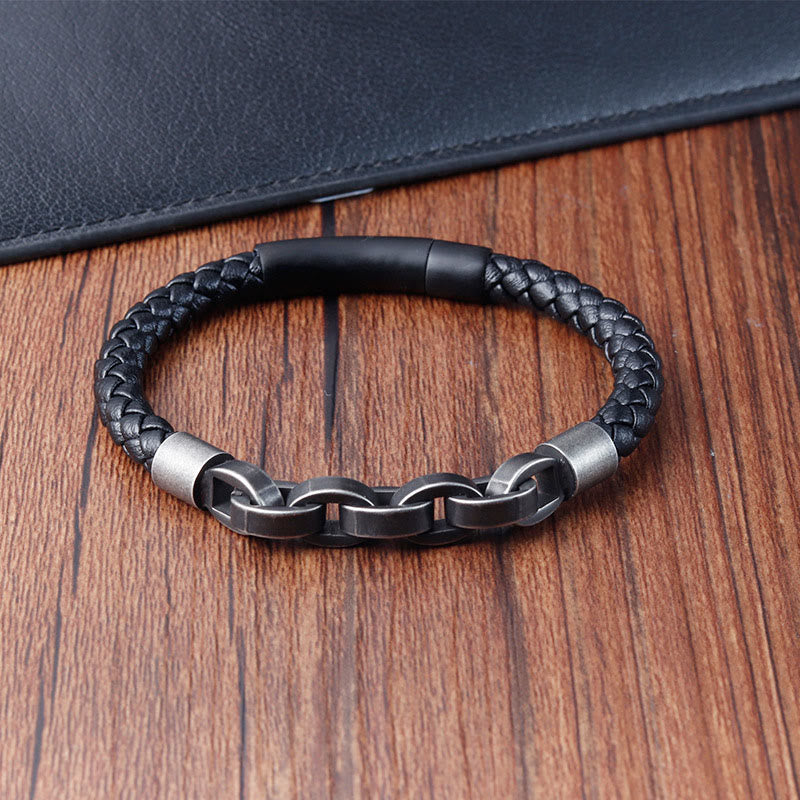 Buddha Stones Chain Design Titanium Steel Balance Leather Braided Buckle Bracelet