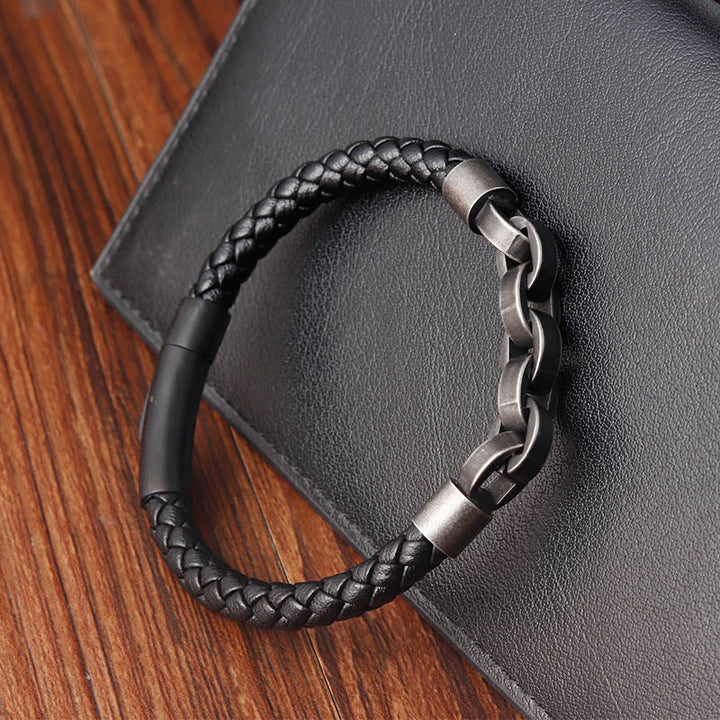 Buddha Stones Chain Design Titanium Steel Balance Leather Braided Buckle Bracelet