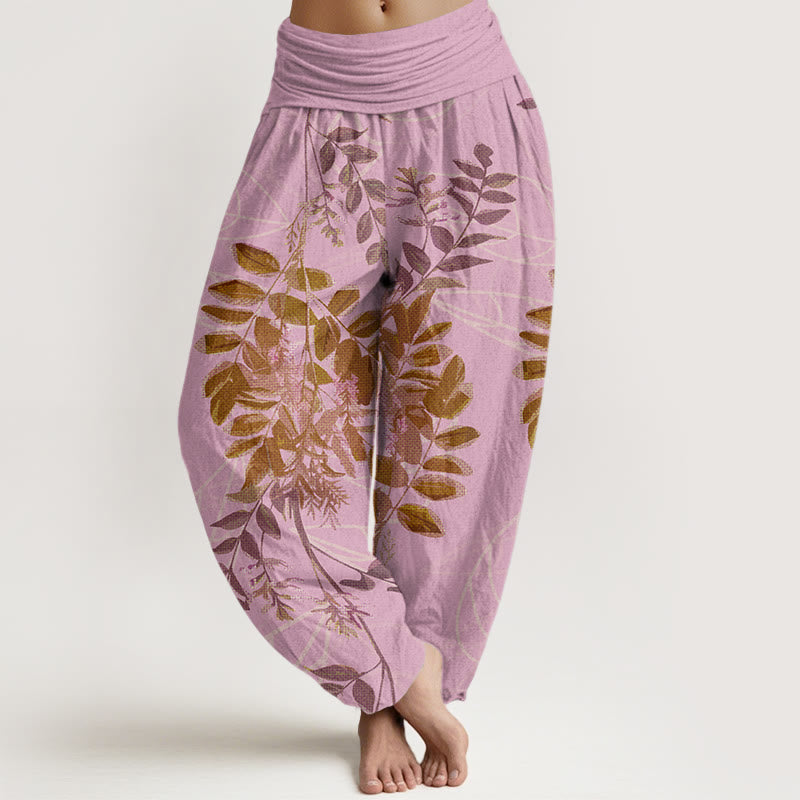 Buddha Stones Cotton Green Leaves Branches Women's Elastic Waist Harem Pants - Pink - US22，UK/AU26，EU54 (6XL) - image 4