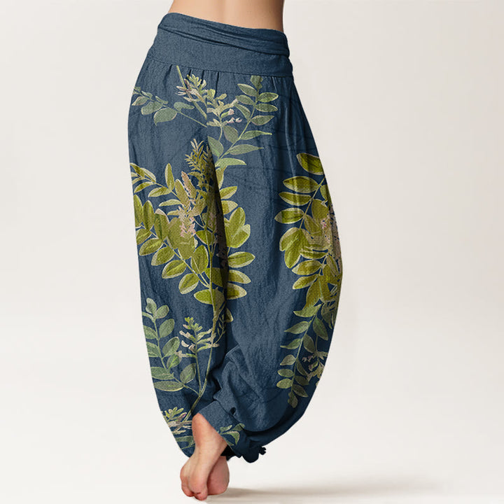 Buddha Stones Cotton Green Leaves Branches Women's Elastic Waist Harem Pants - image 8