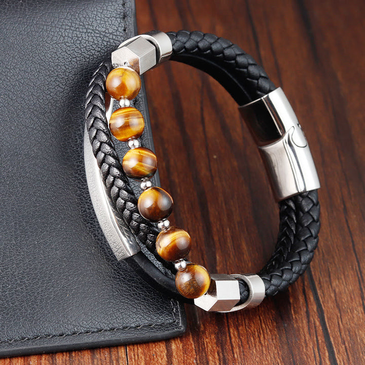 Buddha Stones Tiger Eye Bead Multi-layered Grounding Leather Buckle Bracelet