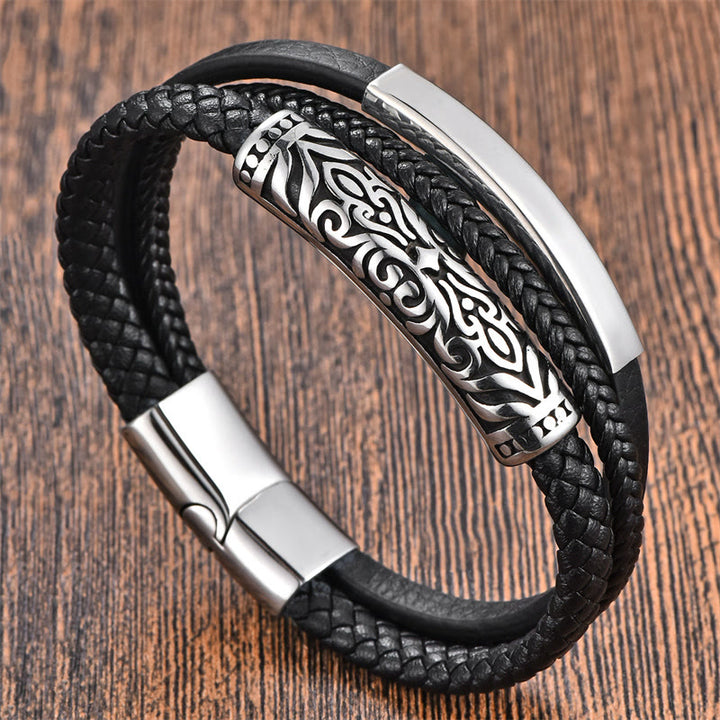 Buddha Stones Flower Pattern Design Titanium Steel Strengthen Leather Buckle Bracelet