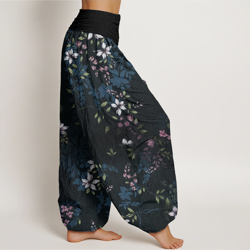 Buddha Stones Cotton Small White Blossoms Green Leaves Women's Elastic Waist Harem Pants - image 2