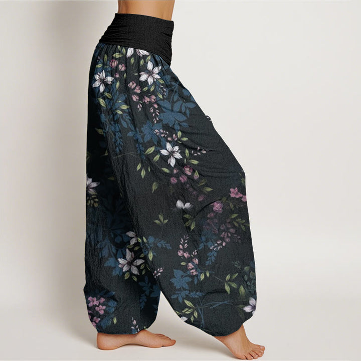 Buddha Stones Cotton Small White Blossoms Green Leaves Women's Elastic Waist Harem Pants - image 2