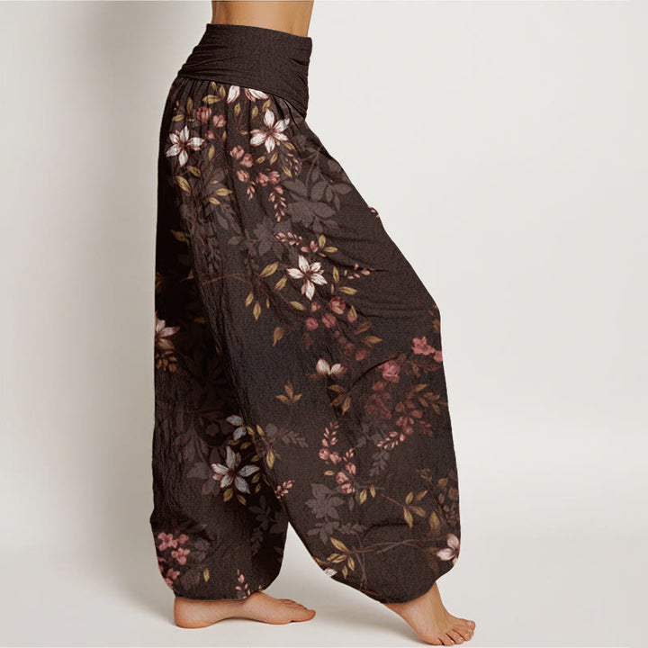 Buddha Stones Small White Blossoms Green Leaves Women's Elastic Waist Harem Pants