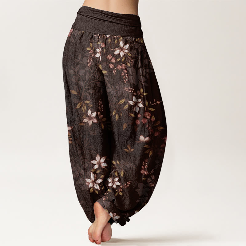 Buddha Stones Cotton Small White Blossoms Green Leaves Women's Elastic Waist Harem Pants - image 8