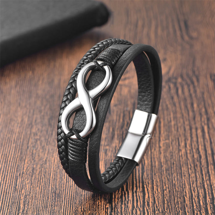 Buddha Stones Eternal Endless Knot Infinity Symbol Titanium Steel Calm Leather Buckle Bracelet